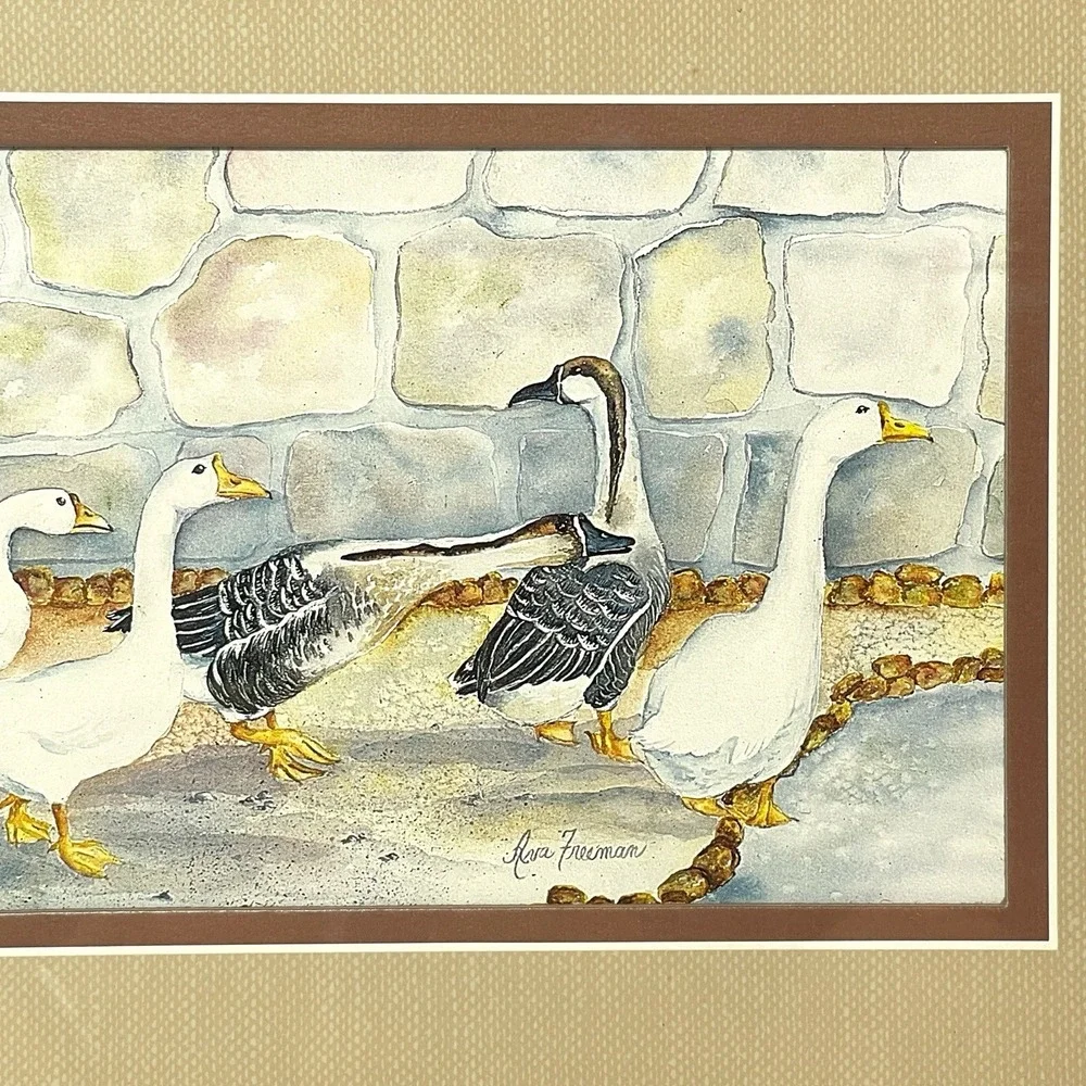 Geese Vintage Ava Freeman Watercolor Print Framed Brown Mat Wood Frame Country